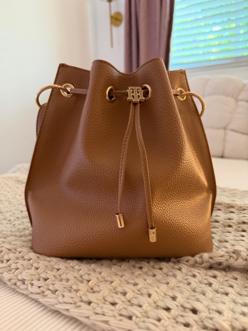Tommy Hilfiger Cognac Brown Pebbled Leather Drawstring Shoulder Bag